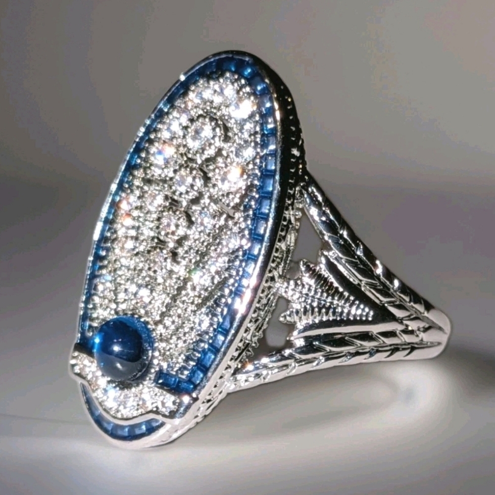 Art Deco Style Lab Created Diamond Sapphire Wedding 14k White Gold Plated Sz 10